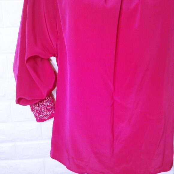 Vintage 80s Gailord High-Neck Pleated Blouse Top (8) Embroidered Metallic Cuffs - Picture 3 of 10